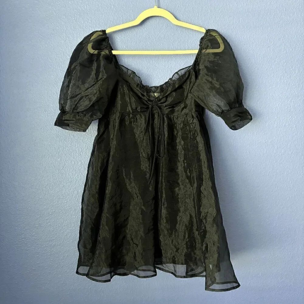 Mable Medium Black Puff Sleeve Square Neck Babydoll Mini Dress Smocked Tulle GUC